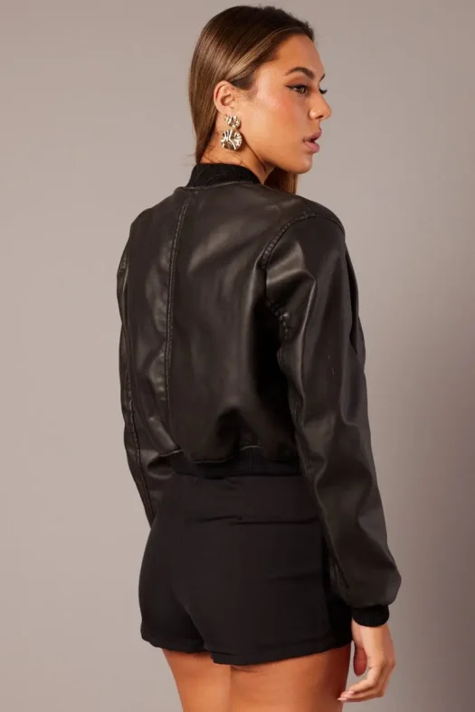 Bomber Crop Faux Leather Black Jacket Back