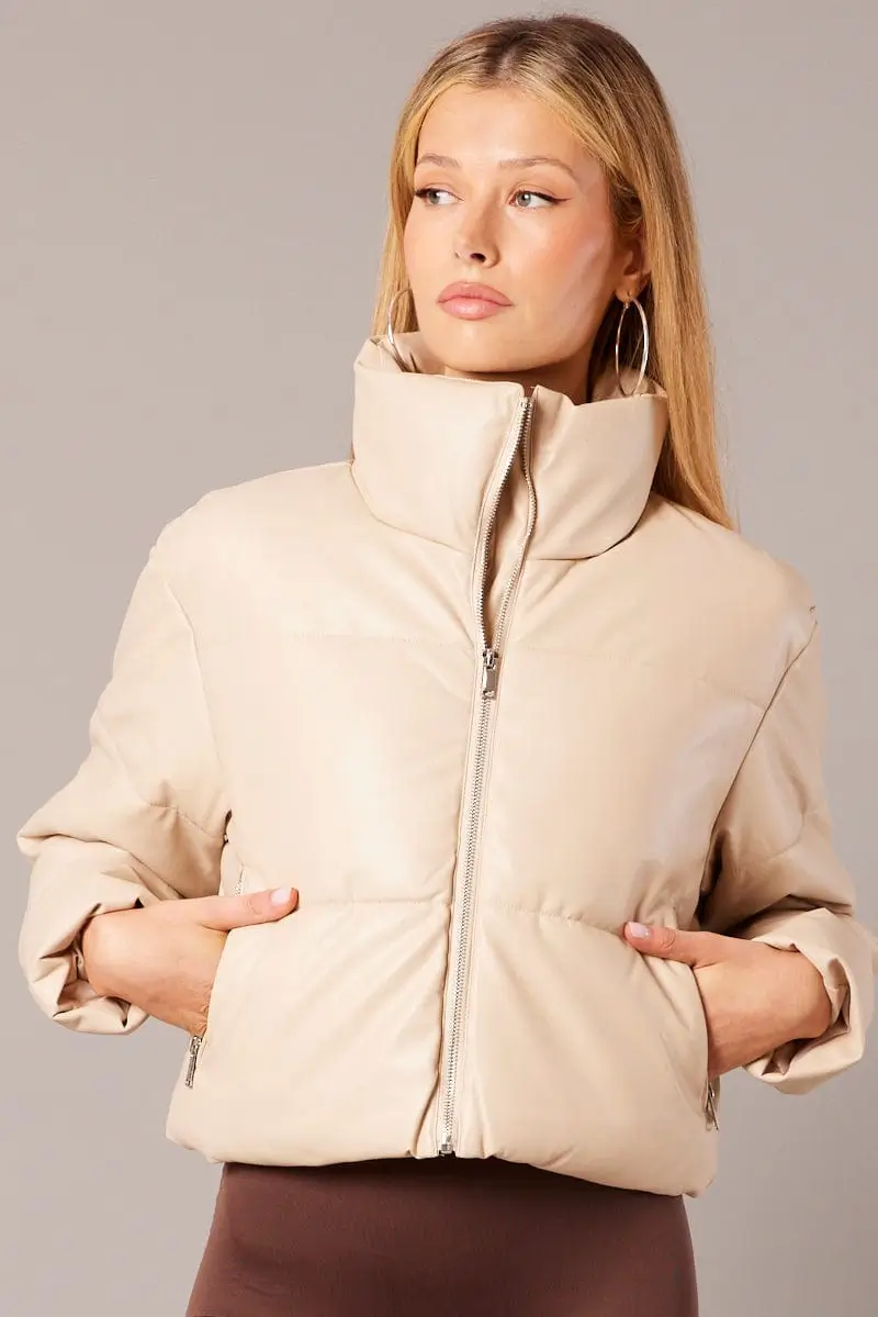 Camel Zip Thru Long Sleeves Faux Jacket