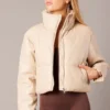 Camel Zip Thru Long Sleeves Faux Leather Jacket