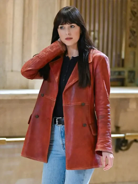 Dakota Johnson Madame Red Leather Coat