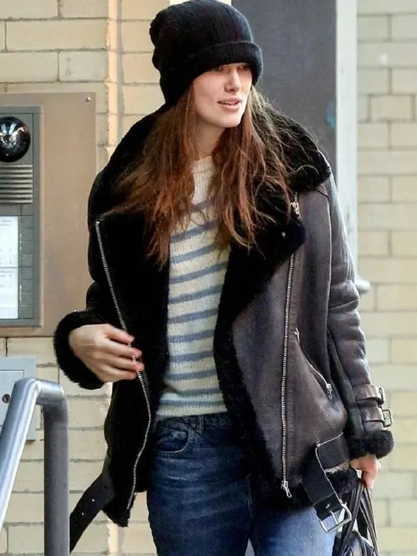 KEIRA KNIGHTLEY BLACK FAUX SHEARLING REAL JACKET