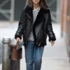 KEIRA KNIGHTLEY BLACK FAUX SHEARLING REAL LEATHER JACKET