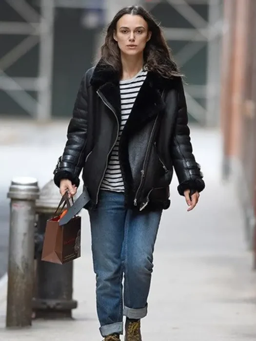 KEIRA KNIGHTLEY BLACK FAUX SHEARLING REAL LEATHER JACKET