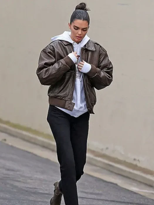 Kendall Jenner Brown Bomber Leather Jacket