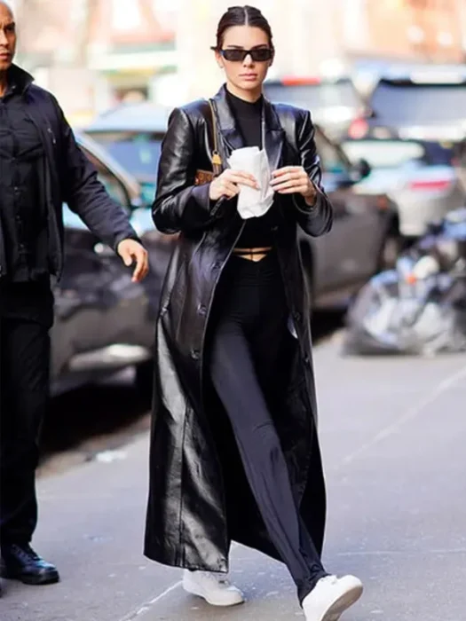 Kendall Jenner Long Black Leather Coat