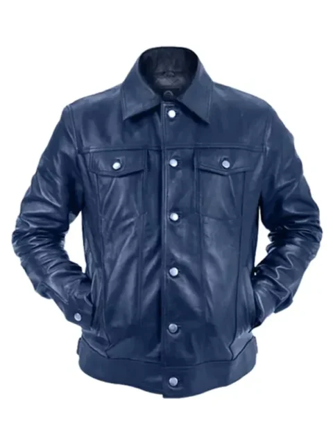 Mens Blue Genuine Leather Trucker Jacket