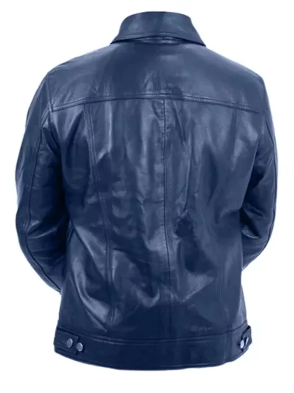 Mens Blue Genuine Leather Trucker Jacket Back