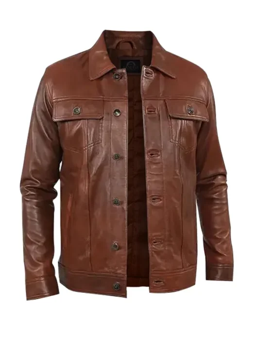 Mens Brown Shiny Stylish Collar Style Leather Jacket