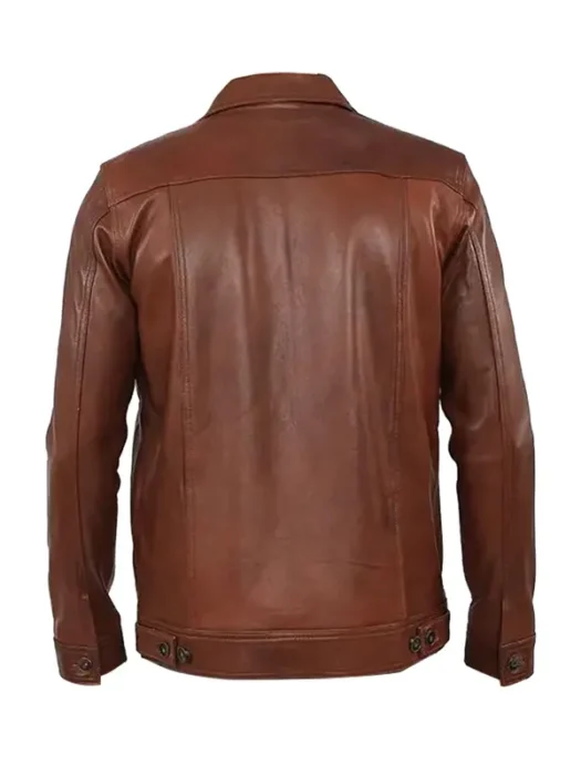 Mens Brown Shiny Stylish Collar Style Leather Jacket Back