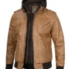 Men's Camel Brown Leather Jacket with Removable Hood