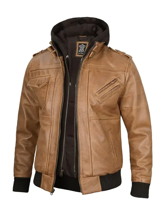 Men's Camel Brown Leather Jacket with Removable Hood