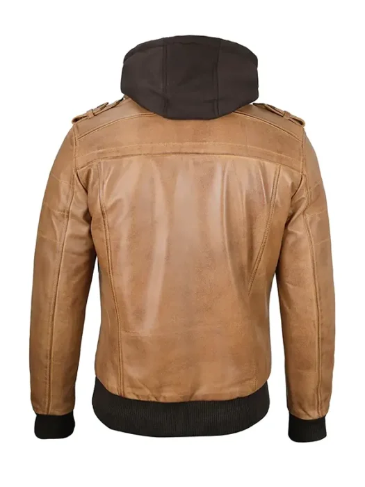 Men's Camel Brown Leather Jacket with Removable Hood Back