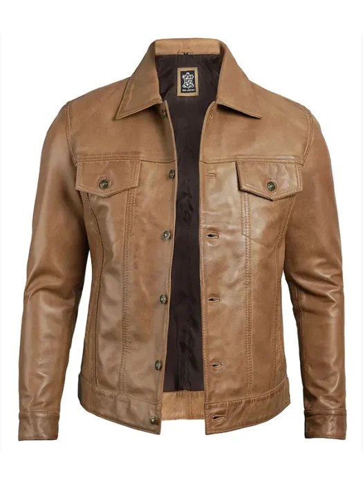 Men's Camel Brown Trucker Leather Jacket