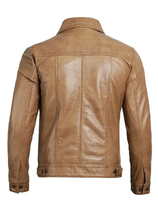 Men's Camel Brown Trucker Leather Jacket Back