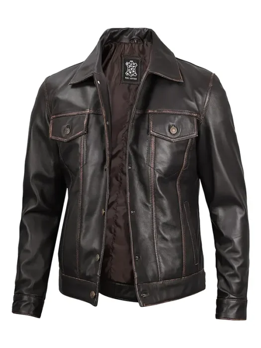 Men's Dark Brown Trucker Leather Jacket