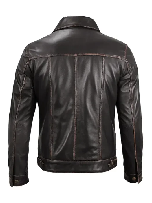 Men's Dark Brown Trucker Leather Jacket Back