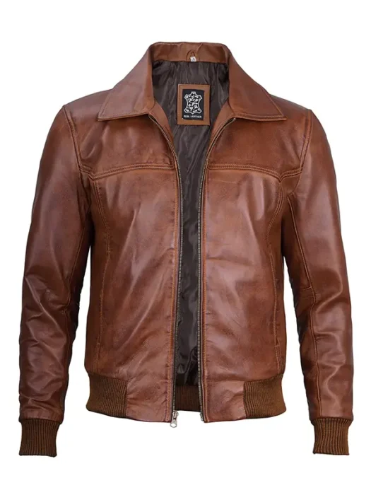 Men's Distressed Brown Harrington Leather Bomber Jacket