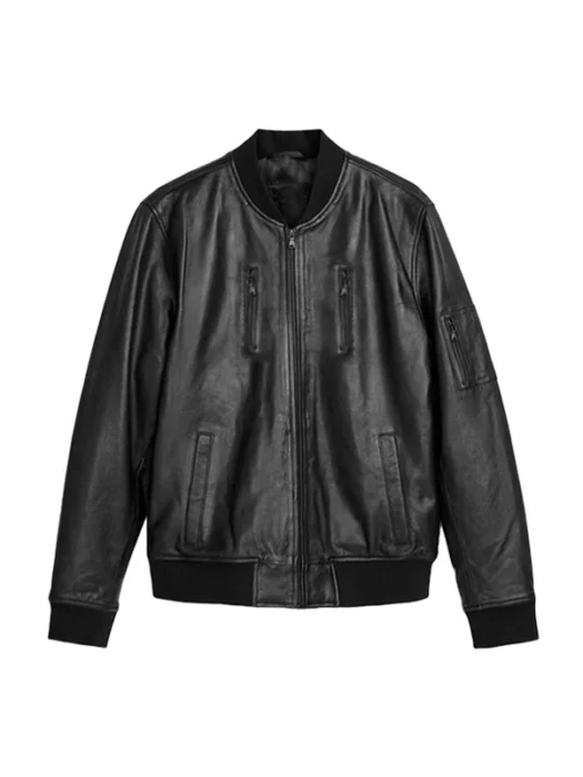 Mens Real Black Leather Bomber Jacket