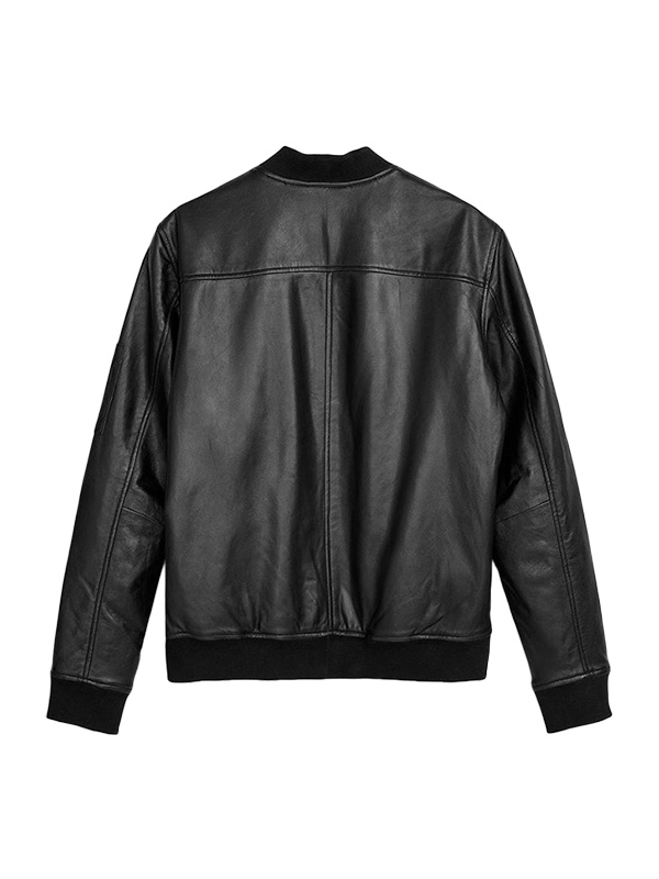 Mens Real Black Leather Bomber Jacket Back