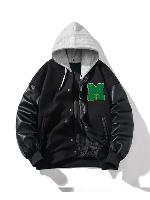 Midnight Black Hooded Varsity Jacket