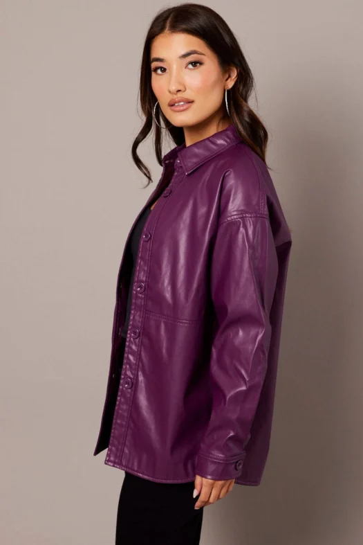 Purple Long Sleeves Faux Leather Jacket