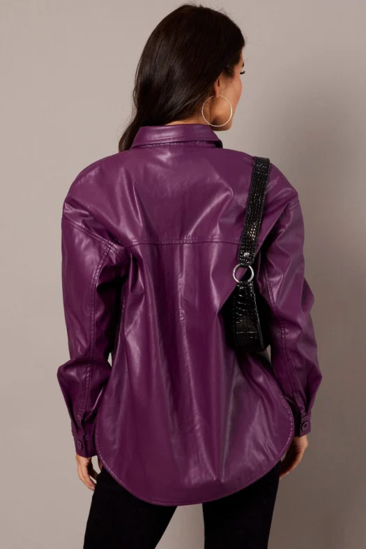 Purple Long Sleeves Faux Leather Jacket Back