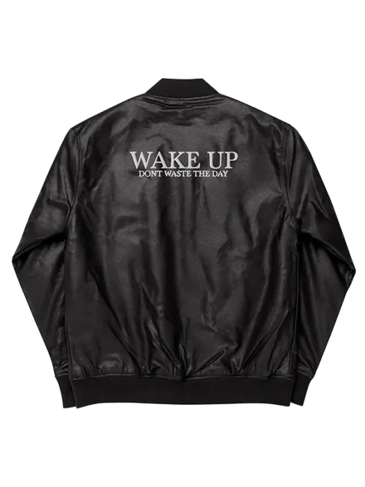 WAKE UP Black Leather Bomber Jacket Back