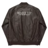 WAKE UP Brown Leather Bomber Jacket Back