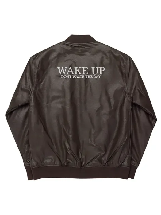 WAKE UP Brown Leather Bomber Jacket Back