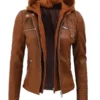 Women’s Cognac Removable Hood Leather Jacket