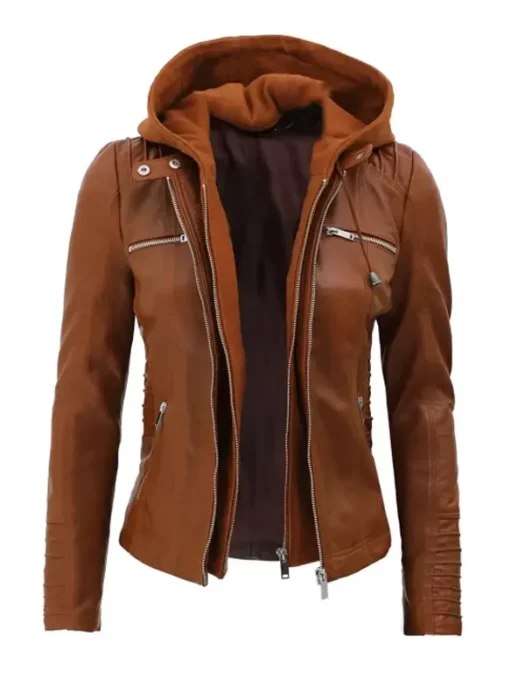 Women’s Cognac Removable Hood Leather Jacket