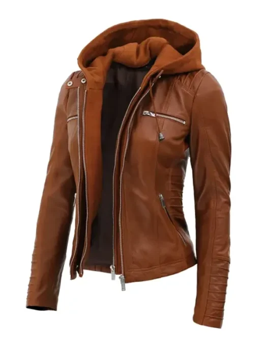 Women’s Cognac Removable Hood Slim Fit Jacket