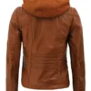 Women’s Cognac Removable Hood Slim Fit Leather Jacket Back