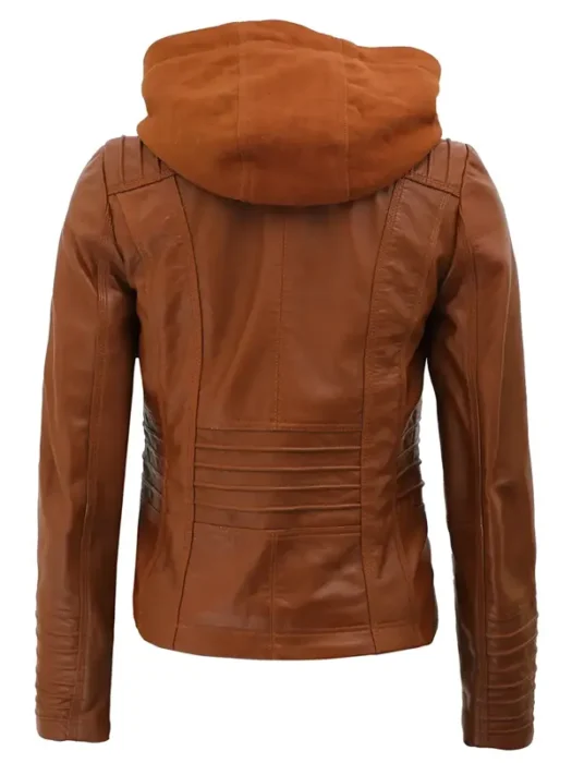 Women’s Cognac Removable Hood Slim Fit Leather Jacket Back