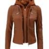 Women’s Removable Hood Slim Fit Leather Jacket