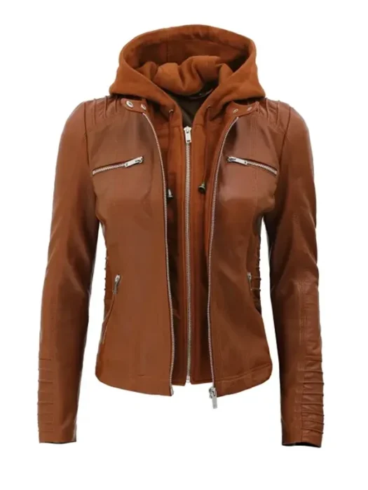 Women’s Removable Hood Slim Fit Leather Jacket