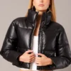 Zip Thru Long Sleeves Faux Leather Black Jacket