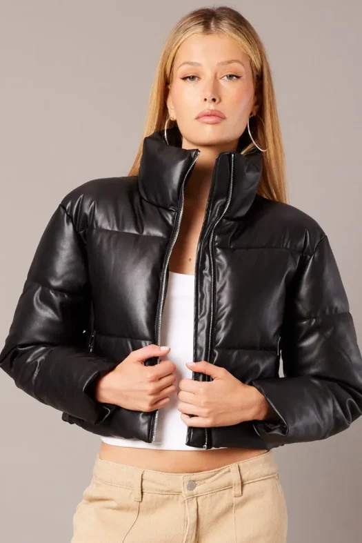 Zip Thru Long Sleeves Faux Leather Black Jacket