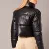 Zip Thru Long Sleeves Faux Leather Black Jacket Back