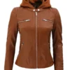 women brown faux hooded leather jacket