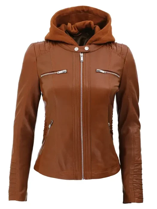 women brown faux hooded leather jacket