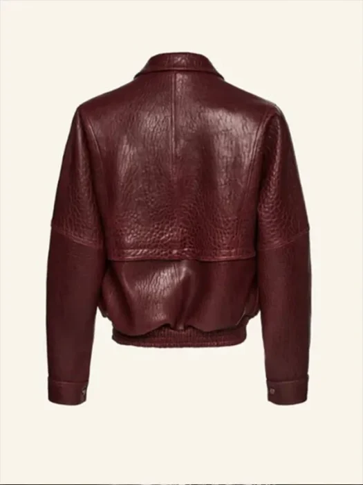 Barbara Palvin Celebrity Maroon Leather Jacket Back