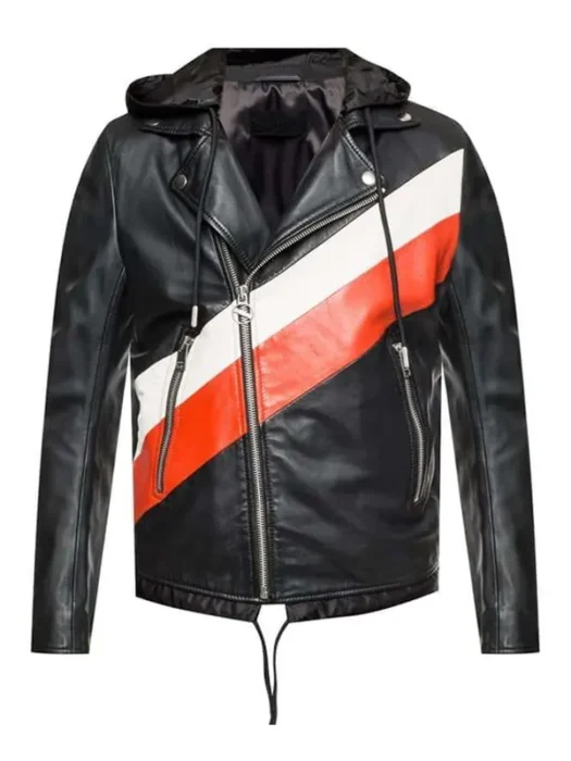 Men Striped Biker Style Leather Jacket