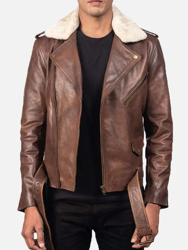 Men’s Brown Leather Motorcycle Jacket With Fur Collar