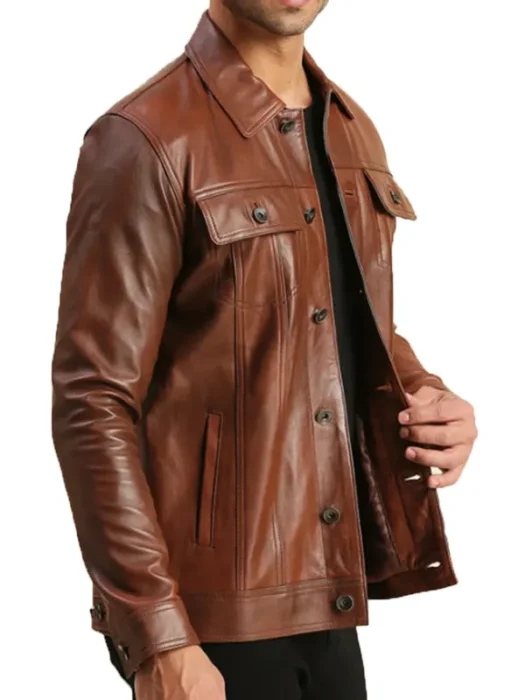 Mens Brown Leather Trucker Jacket