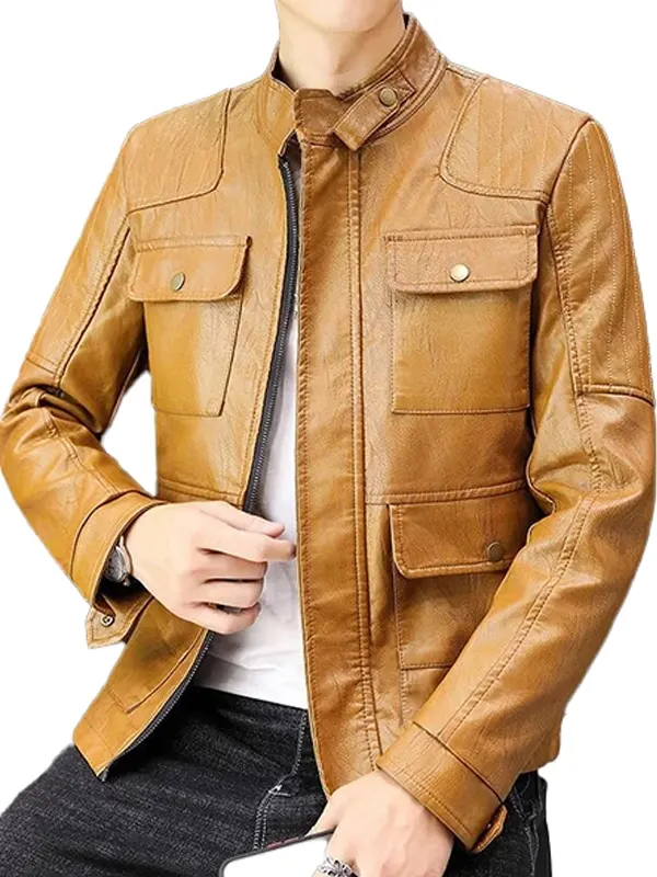 Mens Camel Brown Biker Leather Jacket