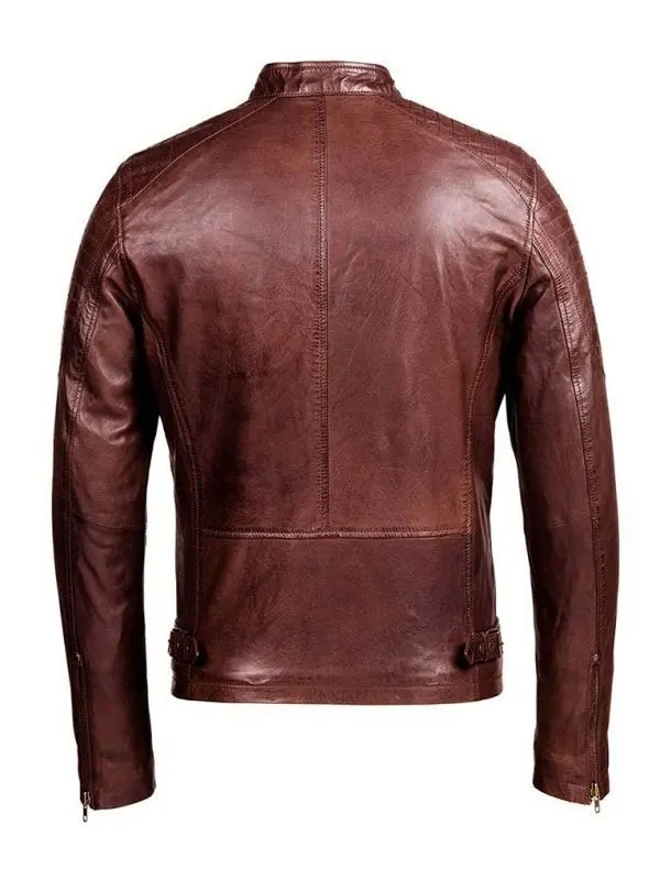 Mens Distressed Brown Café Racer Leather Jacket Back