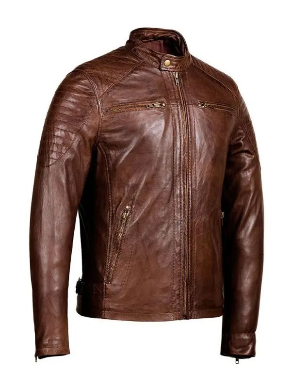 Mens Distressed Brown Café Racer Leather Jacket