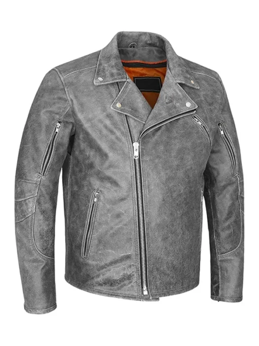 Mens Grey Distressed Biker Jacket