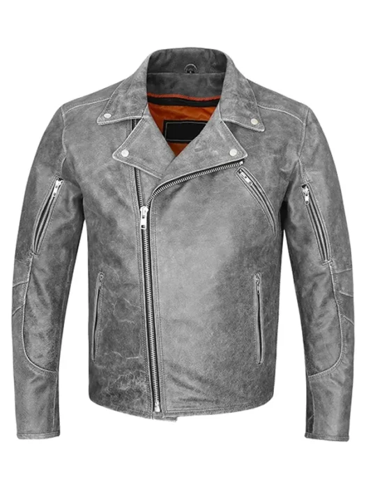 Mens Grey Distressed Biker Leather Jacket